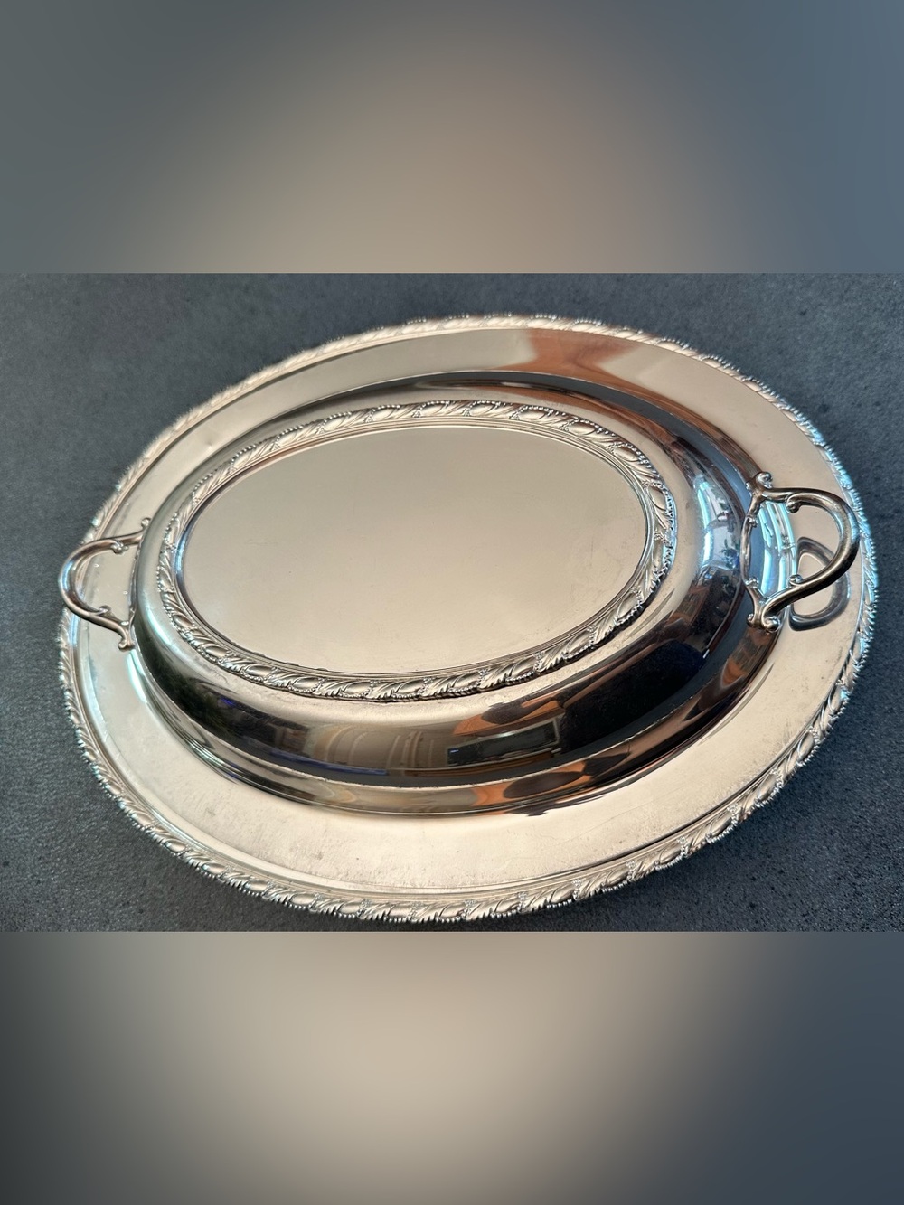 Polished Silver Oval Serving Platter with Rope-Edge and Side Handles